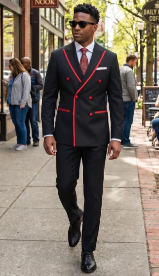 Mens Black and Red Sequin Double Breasted Tuxedo 100% Wool By Statement Modern Fit