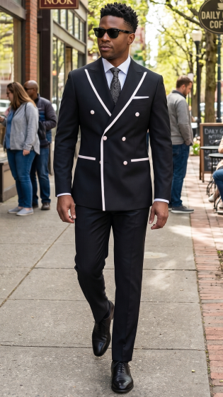 Mens Black and White Double Breasted Tuxedo 100% Wool By Statement Modern Fit