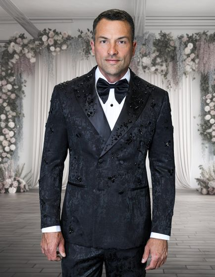 Mens Black Double Breasted Tuxedo 100% Wool By Statement Modern Fit