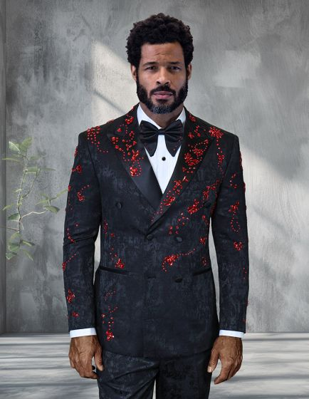 Mens Black and Red Double Breasted Tuxedo 100% Wool By Statement Modern Fit