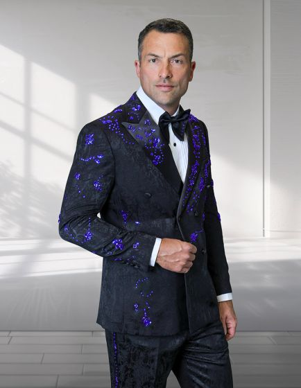 Mens Black and Purple Royal Double Breasted Tuxedo 100% Wool By Statement Modern Fit
