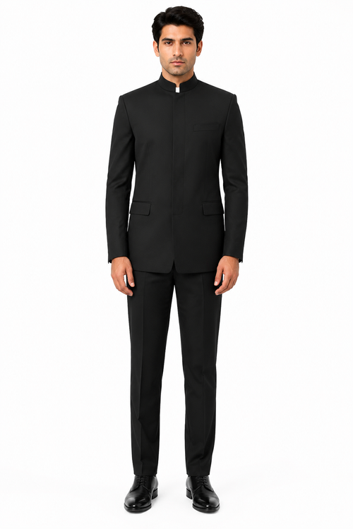 Apollo King "Black Mandarin Banded Collar Suit for Men - French Front Style"