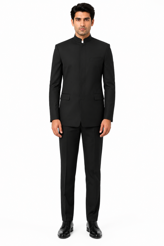 Apollo King "Black Mandarin Banded Collar Suit for Men - French Front Style"