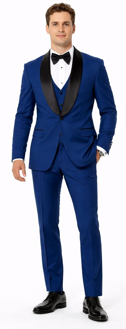 Indigo Slim Fit Tuxedo with Large Black Shawl Lapel – 3 Piece Wedding & Prom Set