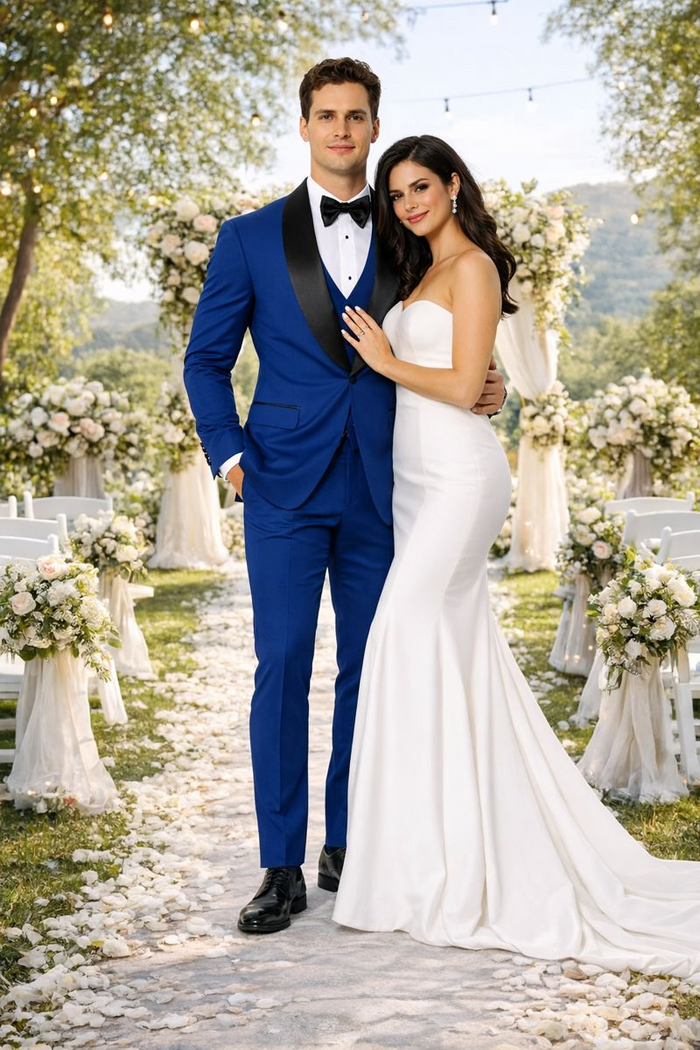 Indigo Slim Fit Tuxedo with Large Black Shawl Lapel – 3 Piece Wedding & Prom Set