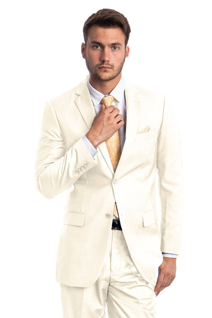 Men's Two Button Basic Modern Fit Business Suit in Off White by Demantiein