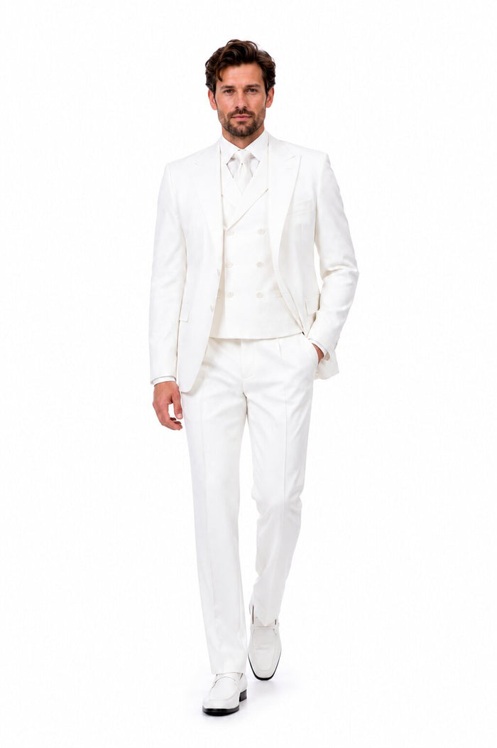 Tiglio Italian Suit - Real Wool Fabric Super 150's San Giovesse off White, Wide Leg Suit & Vest super 150 wool in Color Off White
