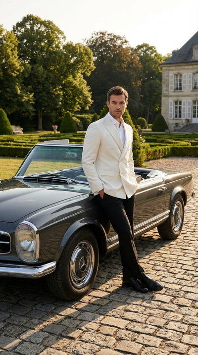 Men’s Ivory Dinner Jacket  Floral Jacquard Blazer – Double Breasted Satin Lapel Formal Tuxedo Jacket for Wedding  Cream Off White color