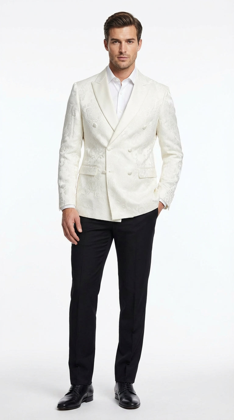Men’s Ivory Dinner Jacket  Floral Jacquard Blazer – Double Breasted Satin Lapel Formal Tuxedo Jacket for Wedding  Cream Off White color – SuitUSA
