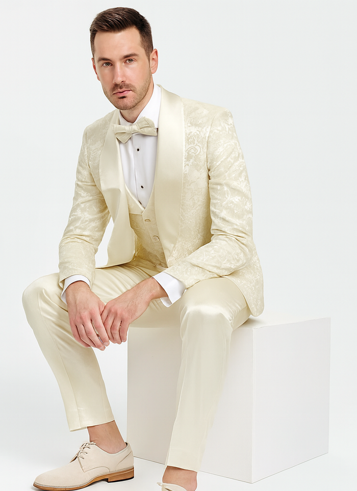 Ivory Floral Tuxedo Set with Wide Shawl Lapel – Wedding & Prom