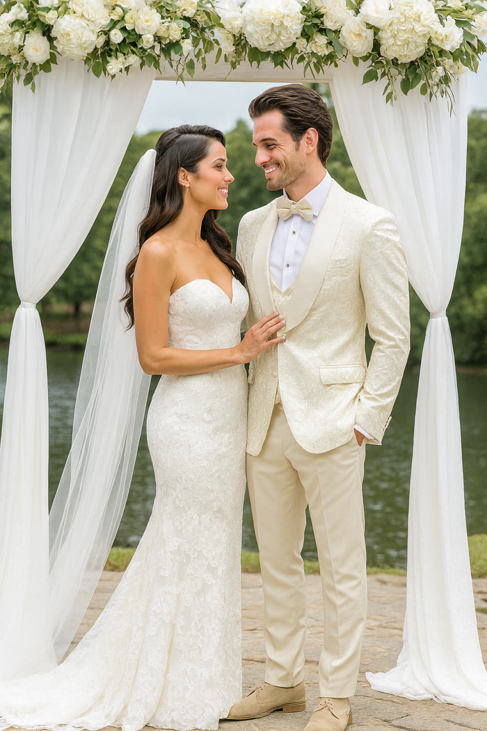 Ivory Floral Tuxedo Set with Wide Shawl Lapel – Wedding & Prom
