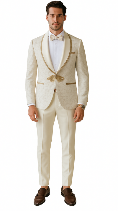 Ivory & Gold Paisley Tuxedo with Ornate Clasp – Wedding & Prom