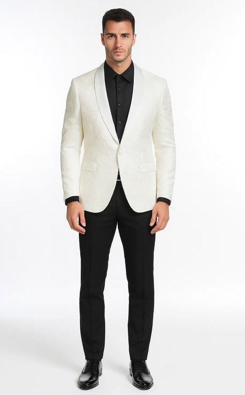 Ivory Paisley Tuxedo Jacket with Shawl Lapel – Wedding & Prom