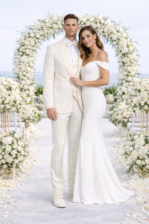 Ivory Shawl Tuxedo with Fancy Pattern Four Piece Set - Wedding - Prom