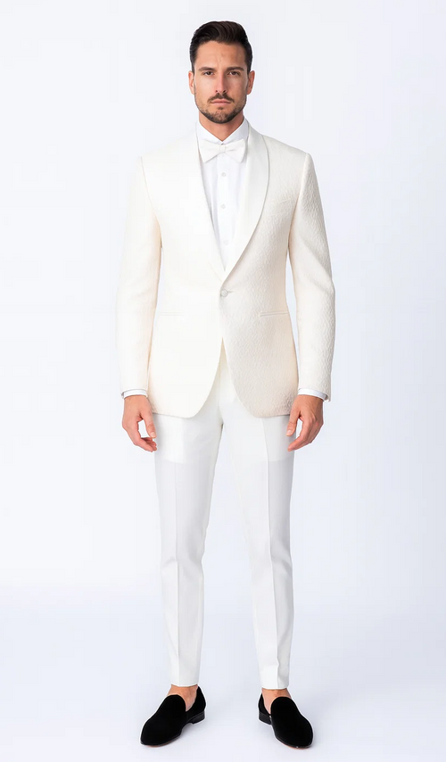 Ivory Textured Jacquard Tuxedo 4-Piece Set with Shawl Lapel – Wedding & Prom