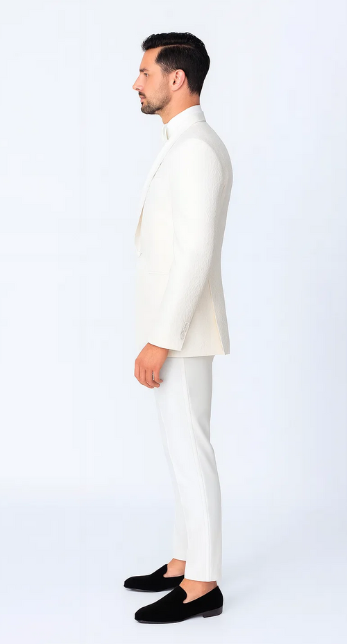 Ivory Textured Jacquard Tuxedo 4-Piece Set with Shawl Lapel – Wedding & Prom