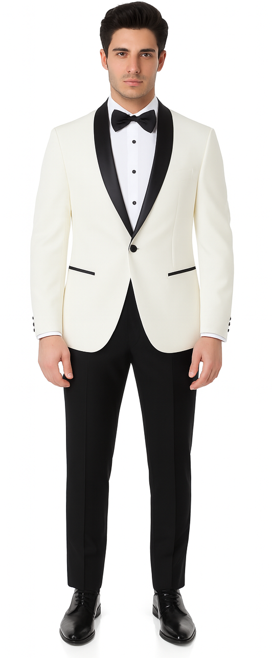 Ivory Tuxedo Jacket with Black Satin Shawl Lapel – Slim Fit