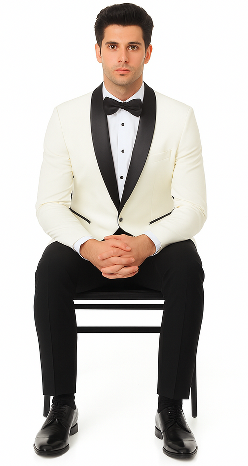 Ivory Tuxedo Jacket with Black Satin Shawl Lapel – Slim Fit