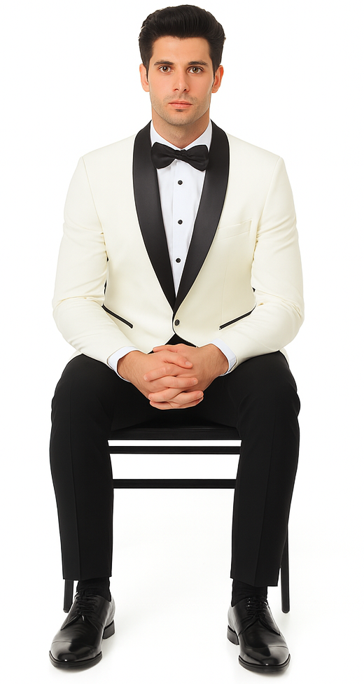 Ivory Slim Fit Tuxedo with Black Shawl Lapel – 3 Piece Wedding & Prom Set