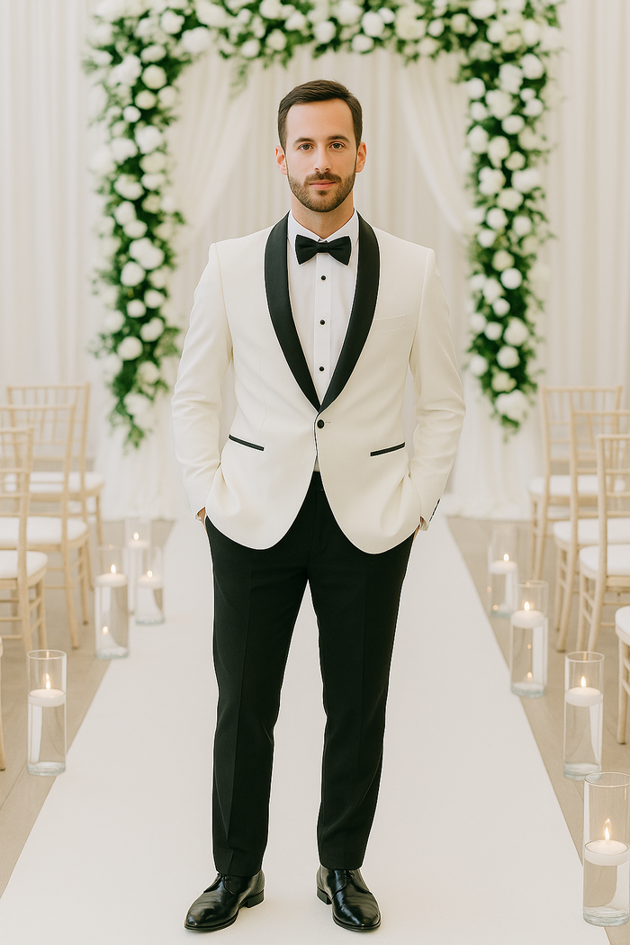 White Slim Fit Tuxedo with Black Shawl Lapel – Wedding & Prom