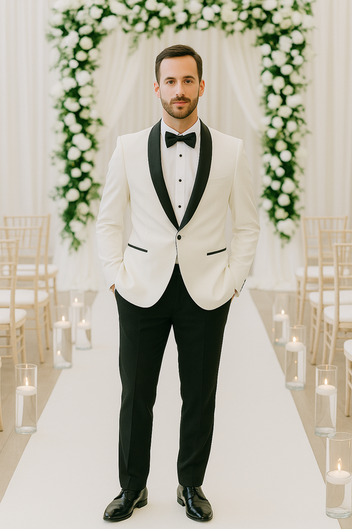 Ivory Slim Fit Tuxedo with Black Shawl Lapel – 3 Piece Wedding & Prom Set