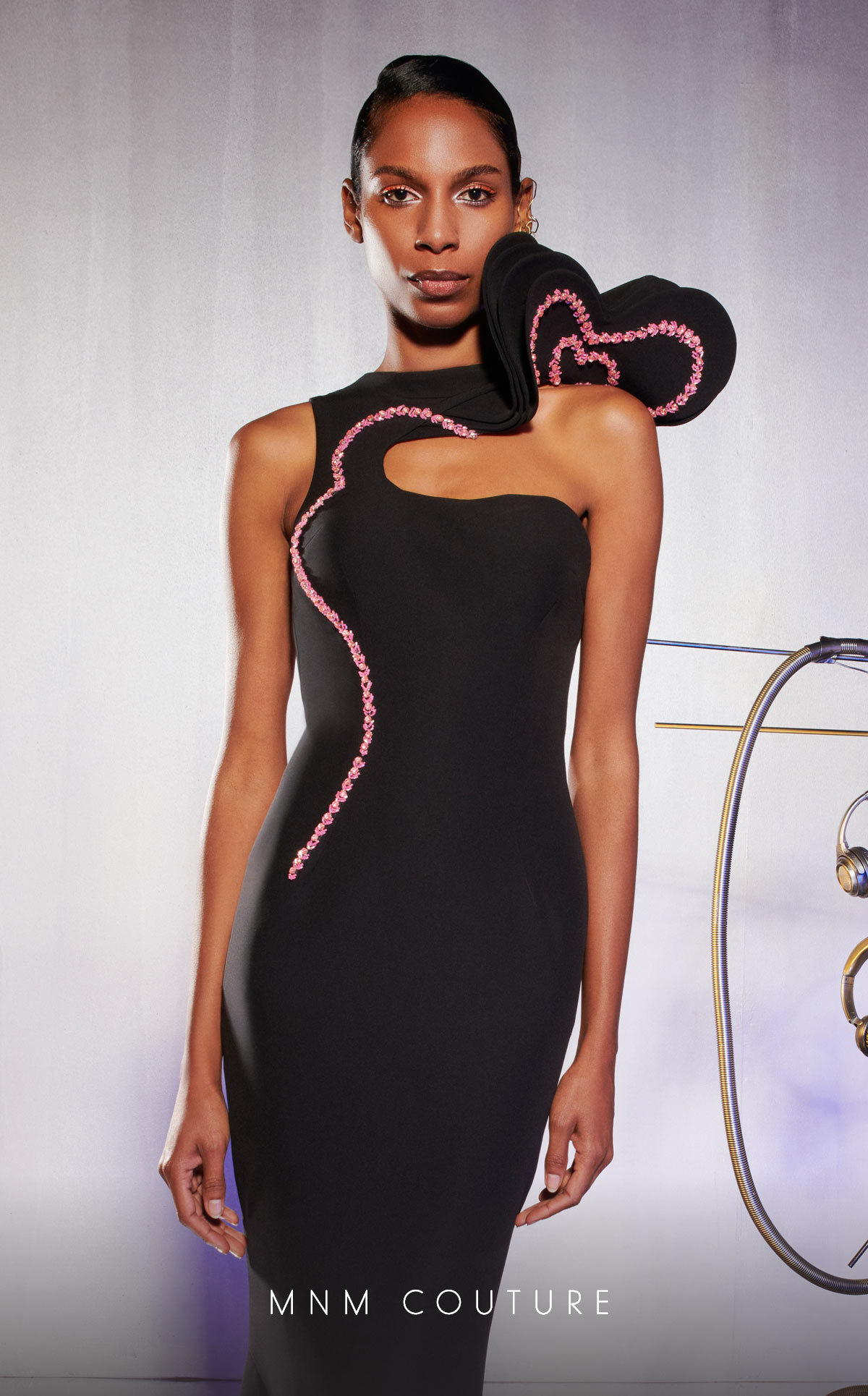 MNM Couture E0033 One-Shoulder Sculpted Black Gown