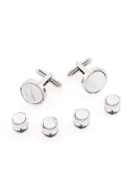 Etched Mother of Pearl Silver Studs and Cufflinks Set by JJ Weston