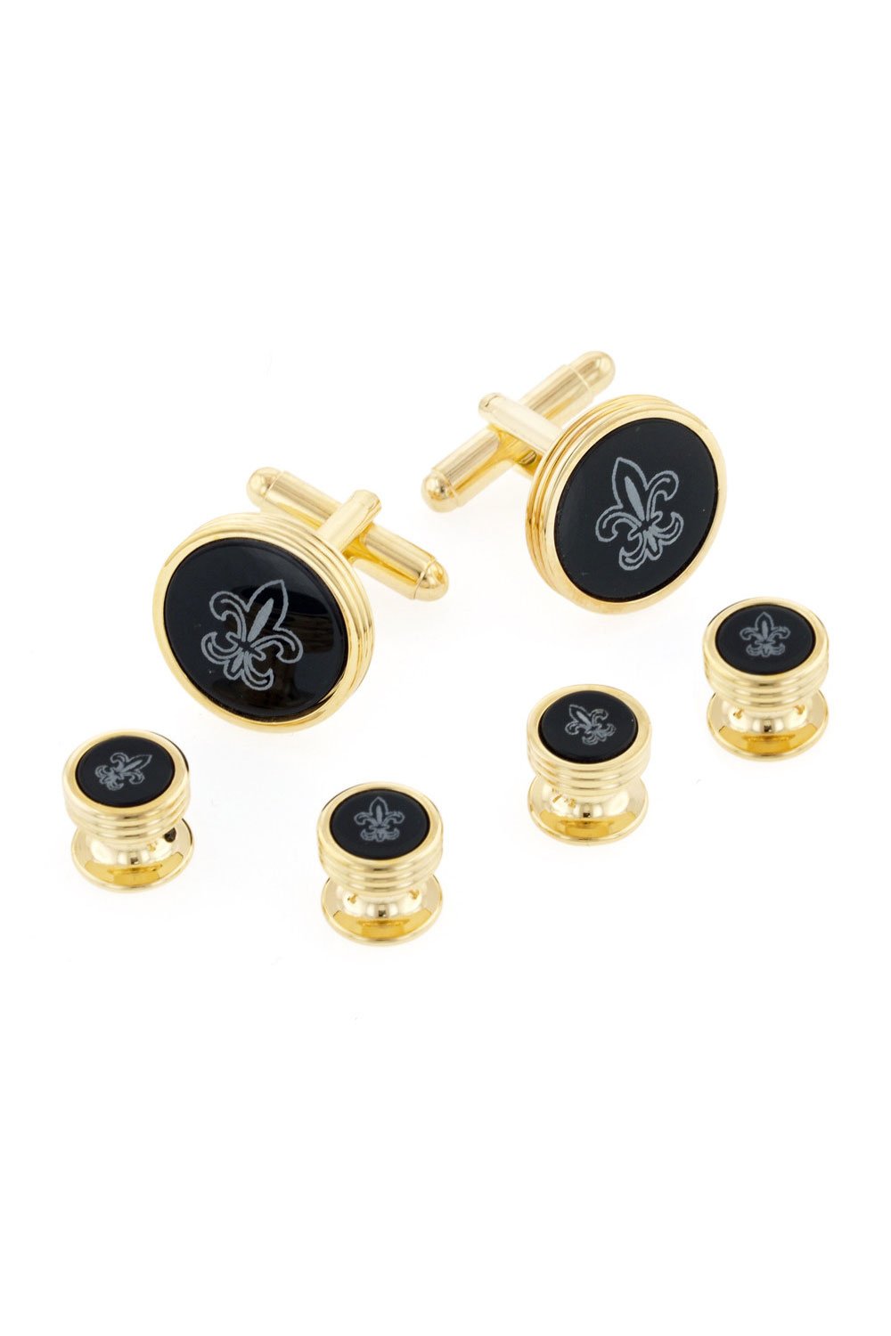 Fleur de Lis Onyx Gold Studs and Cufflinks Set by JJ Weston