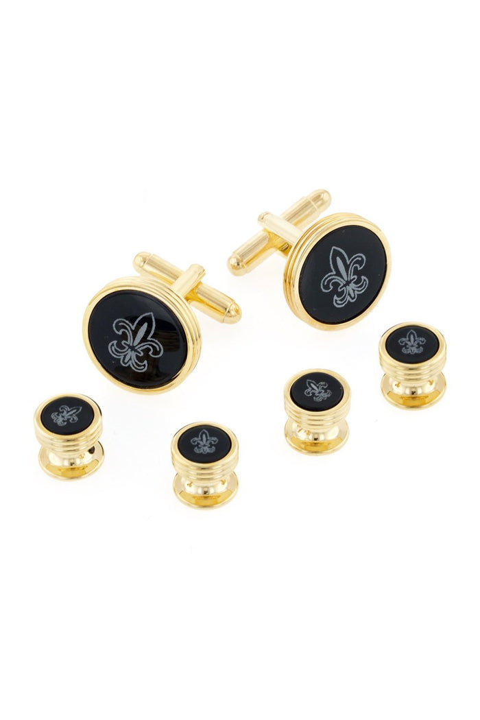 Fleur de Lis Onyx Gold Studs and Cufflinks Set by JJ Weston