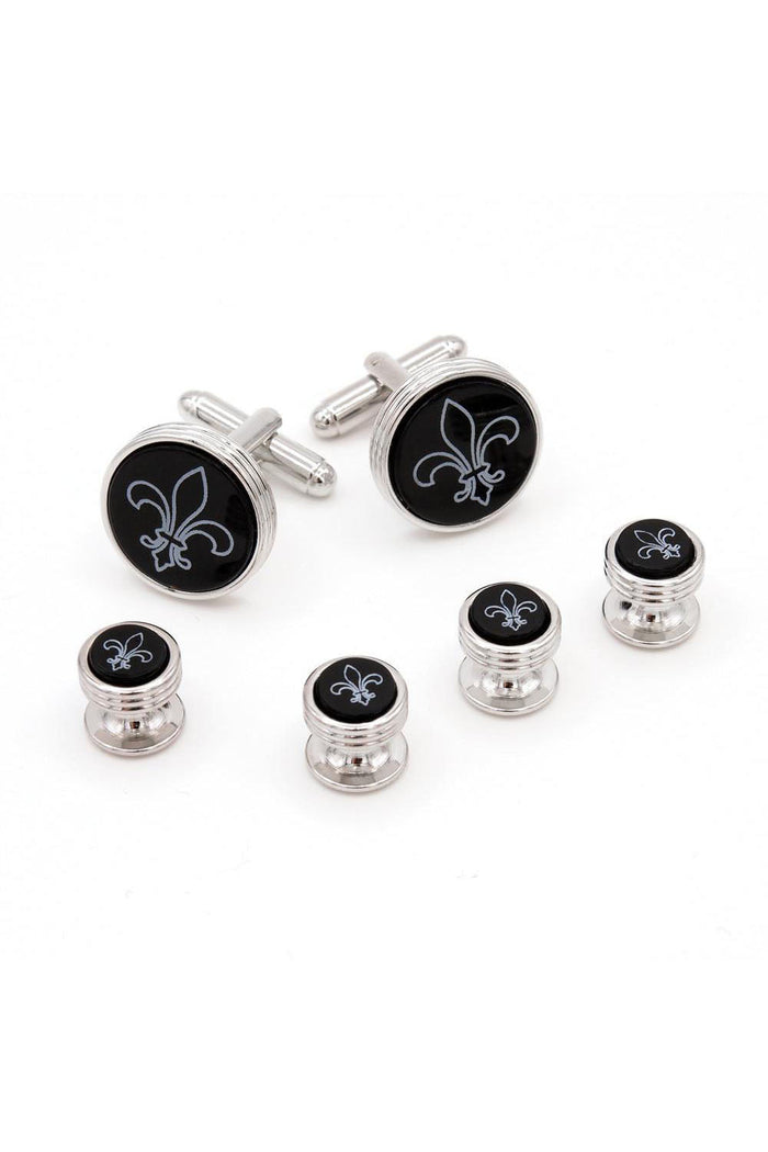 Fleur de Lis Onyx Silver Studs and Cufflinks Set by JJ Weston