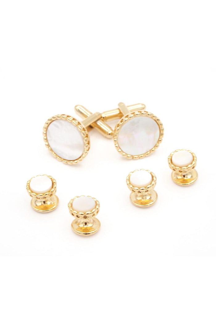 Gold Bead Mother of Pearl Studs and Cufflinks Set by JJ Weston