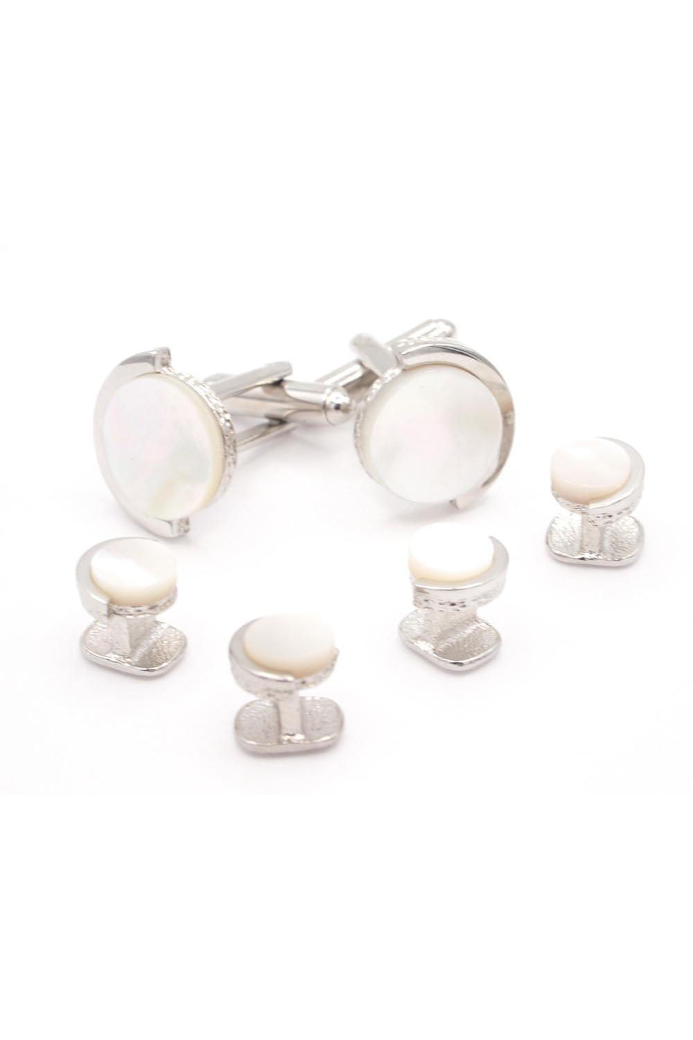 Half Moon Silver Mother of Pearl Studs and Cufflinks Set