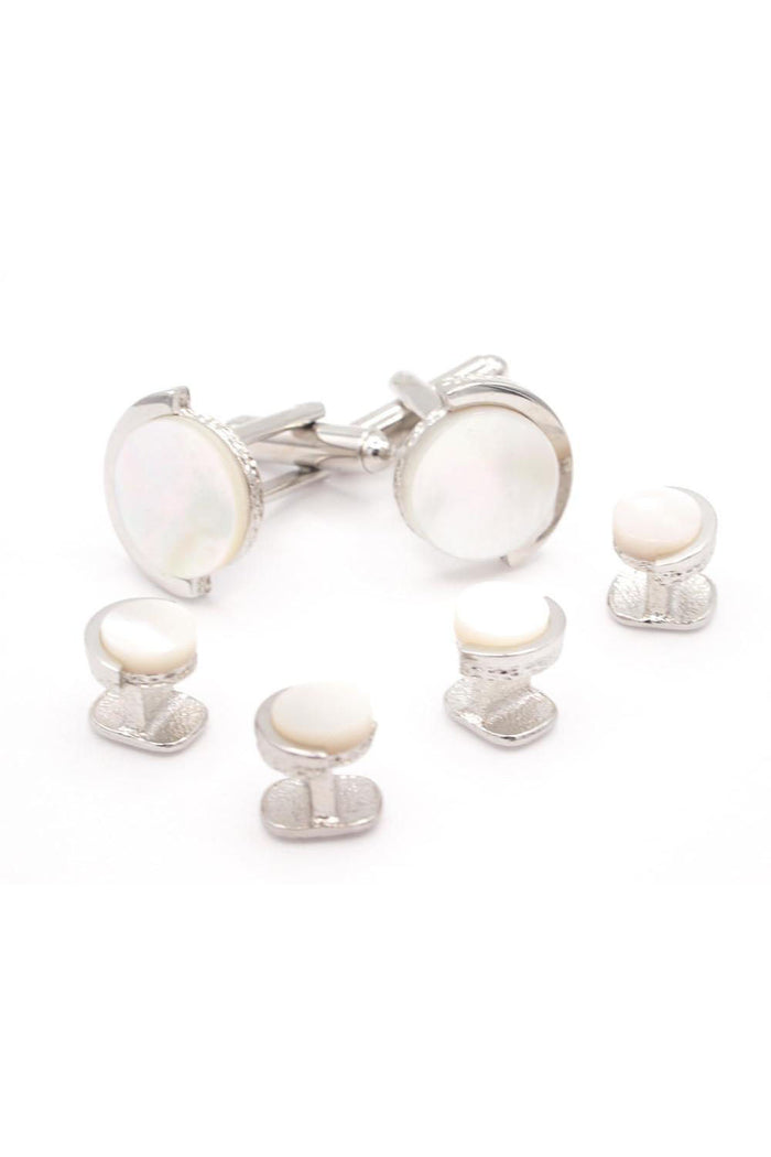 Half Moon Silver Mother of Pearl Studs and Cufflinks Set
