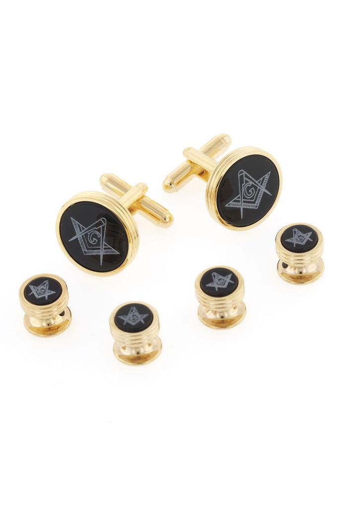 Masonic Onyx Triple Rim Gold Studs and Cufflinks Set