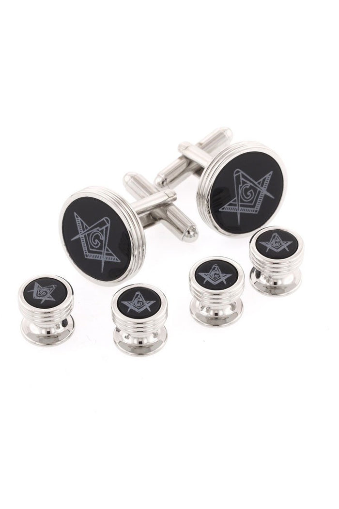 Masonic Onyx Triple Rim Silver Studs and Cufflinks Set