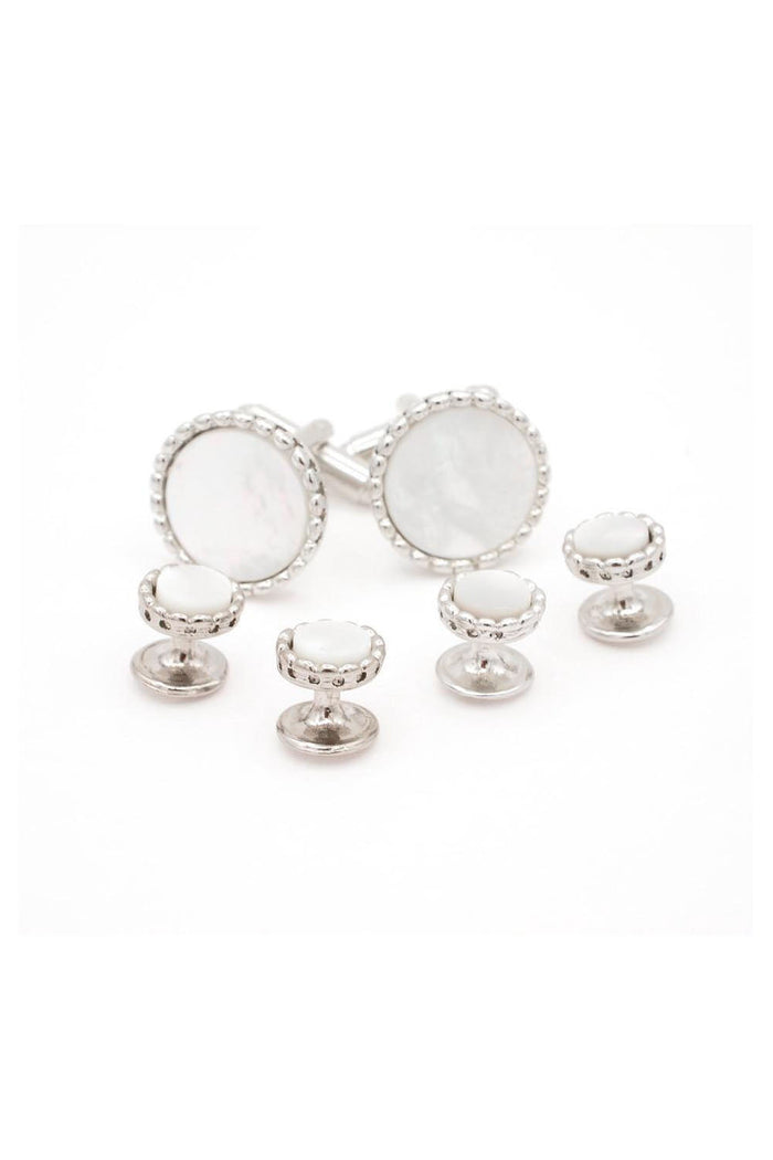 Silver Bead Mother of Pearl Studs and Cufflinks Set