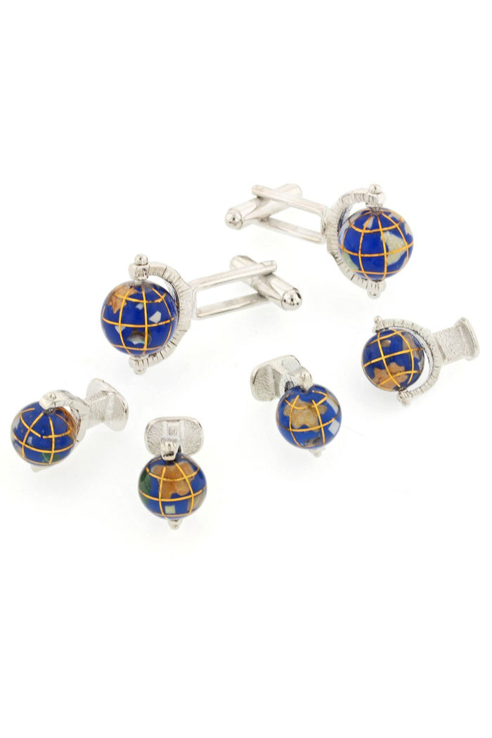 Spinning Globe Silver Studs and Cufflinks Set