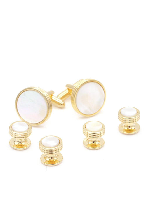 Triple Edge Mother of Pearl Gold Studs and Cufflinks Set
