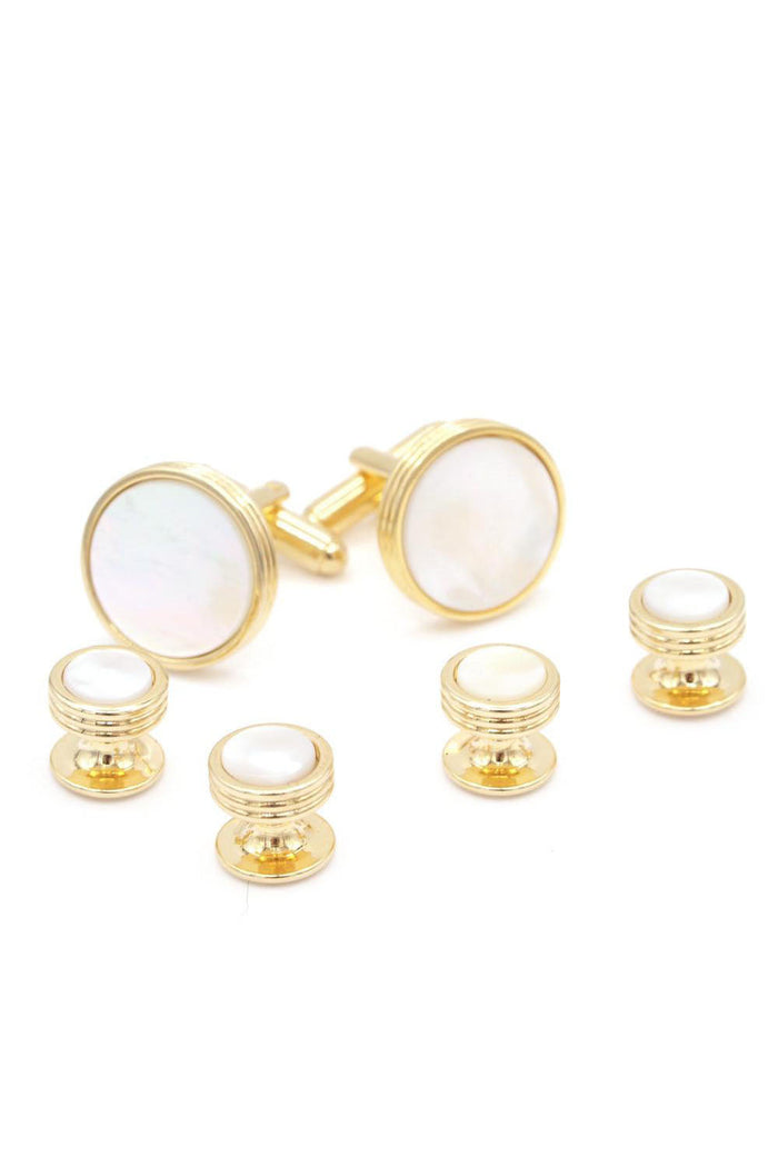 Triple Edge Mother of Pearl Gold Studs and Cufflinks Set