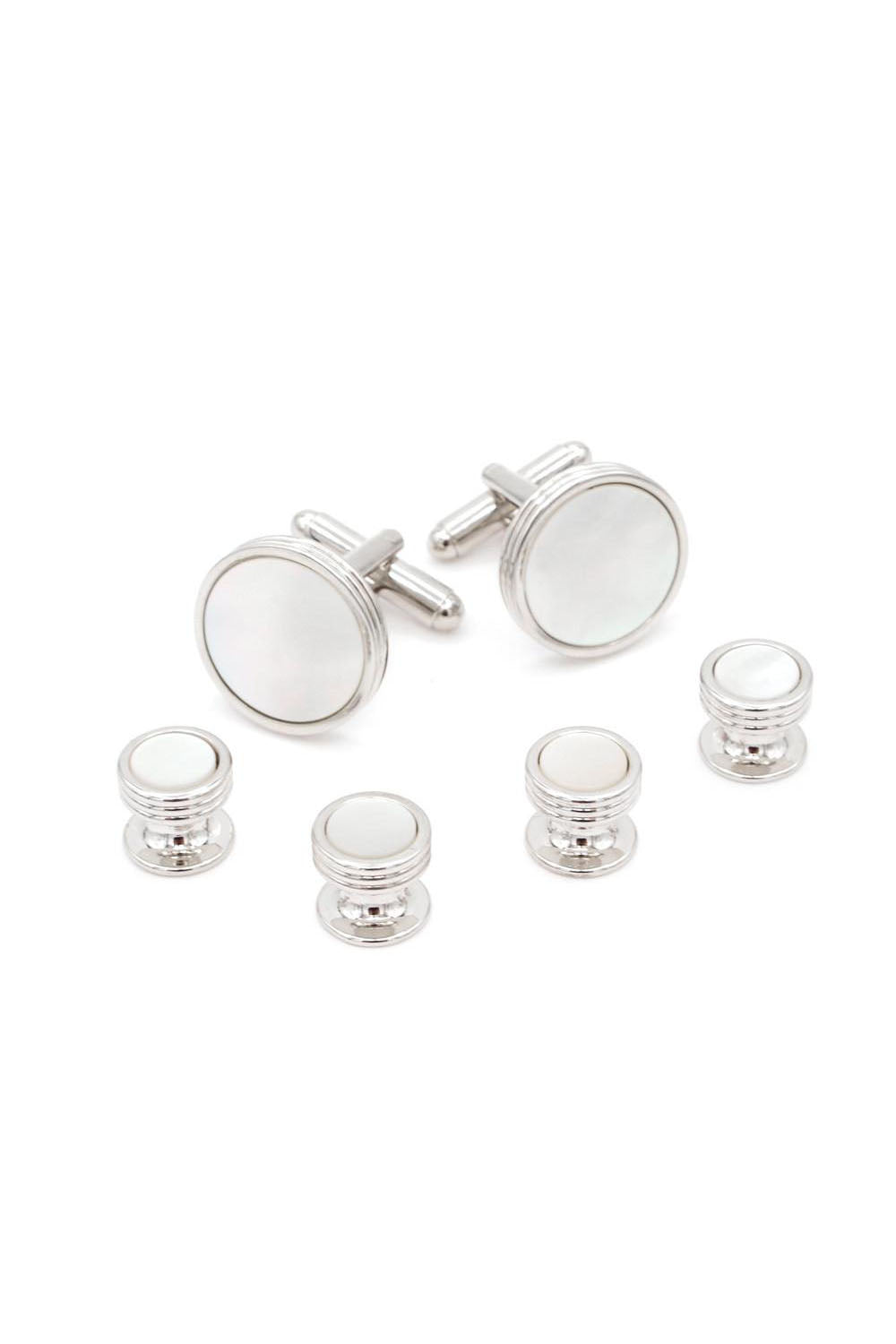 Triple Edge Mother of Pearl Silver Studs and Cufflinks Set