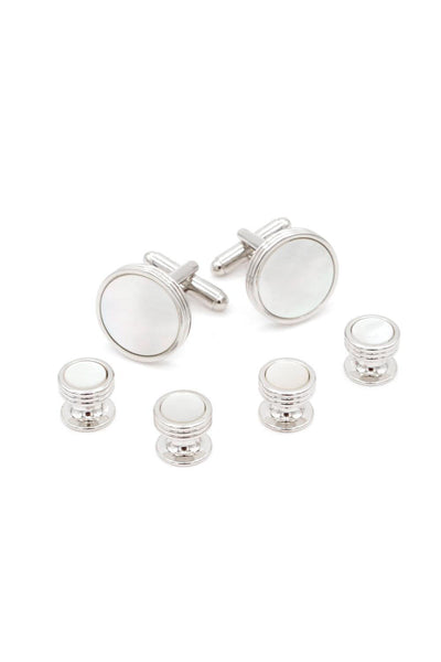 Triple Edge Mother of Pearl Silver Studs and Cufflinks Set