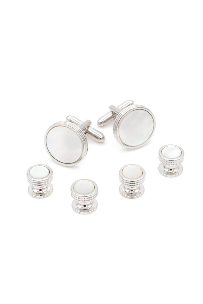 Triple Edge Mother of Pearl Silver Studs and Cufflinks Set