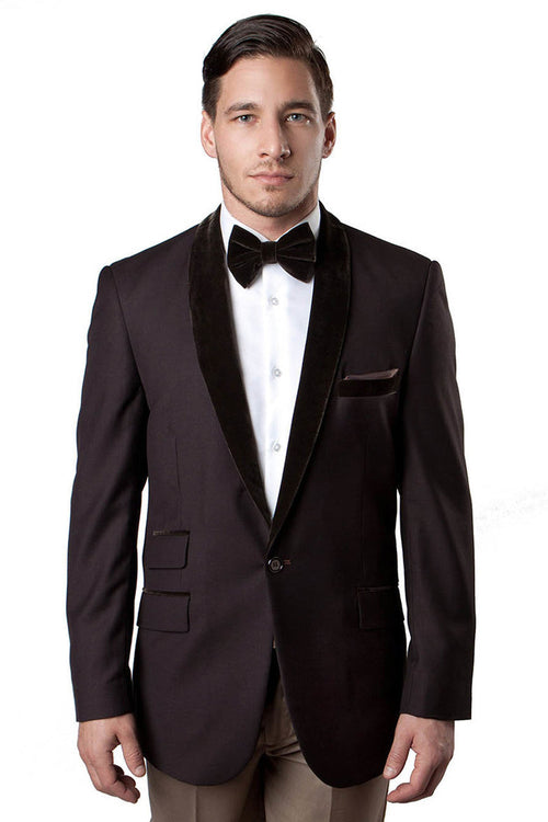 Men's Velvet Shawl Collar Tuxedo Jacket in Brown from Tazio Suits