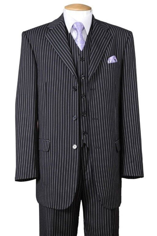 Mens 3 Button Bold 1920's Gangster Pinstripe Vested Suit in Black by Fortino Landiin