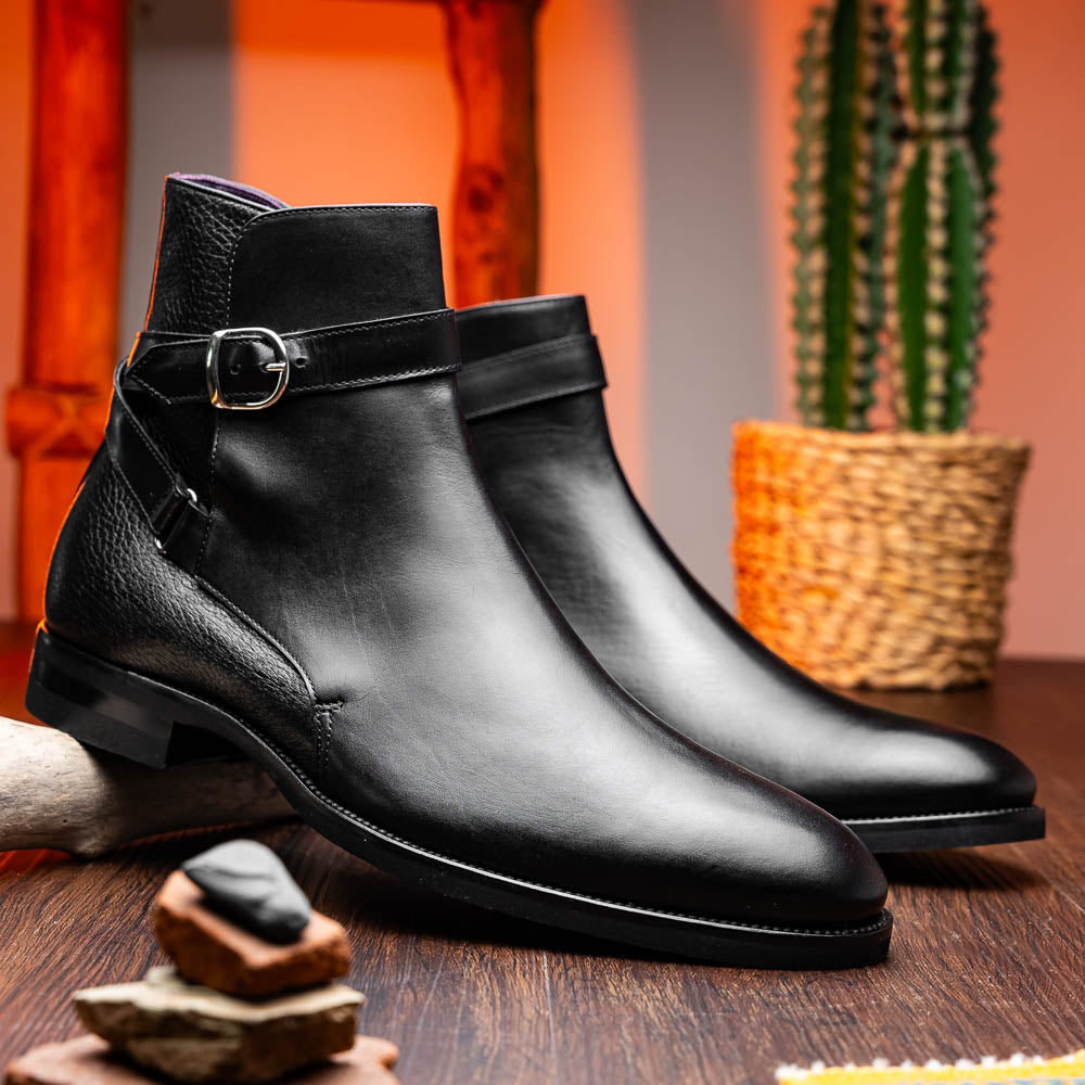 Zelli Jodphur Black Italian Calfskin Double Buckle Strap Boot