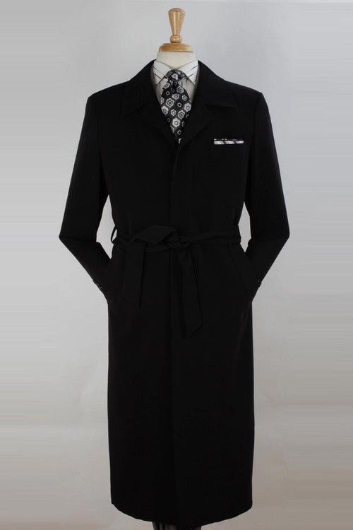 John Knight Men's Belted Wool Overcoat, Black, Full-Length - Elegant Mensattire