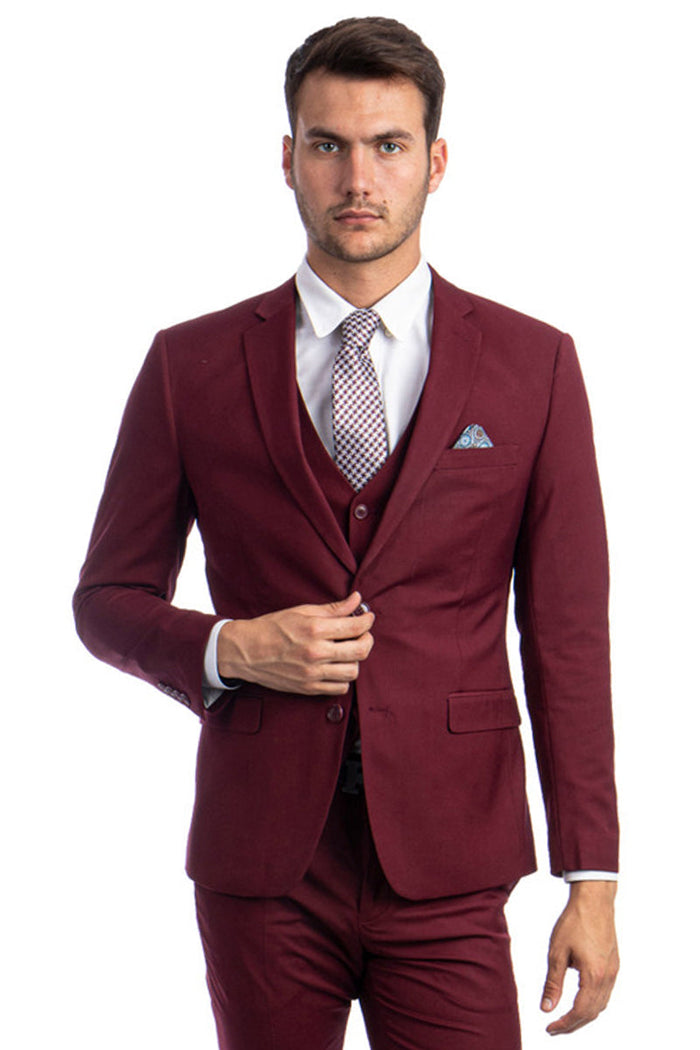 Men's Two Button Slim Fit Vested Solid Basic Color Suit in Burgundy by Sean Alexander