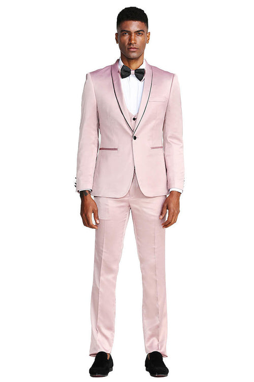 Rose Pink Men's Slim Fit Satin Tuxedo Suit - Vested Prom & Wedding Wear by Tazzio