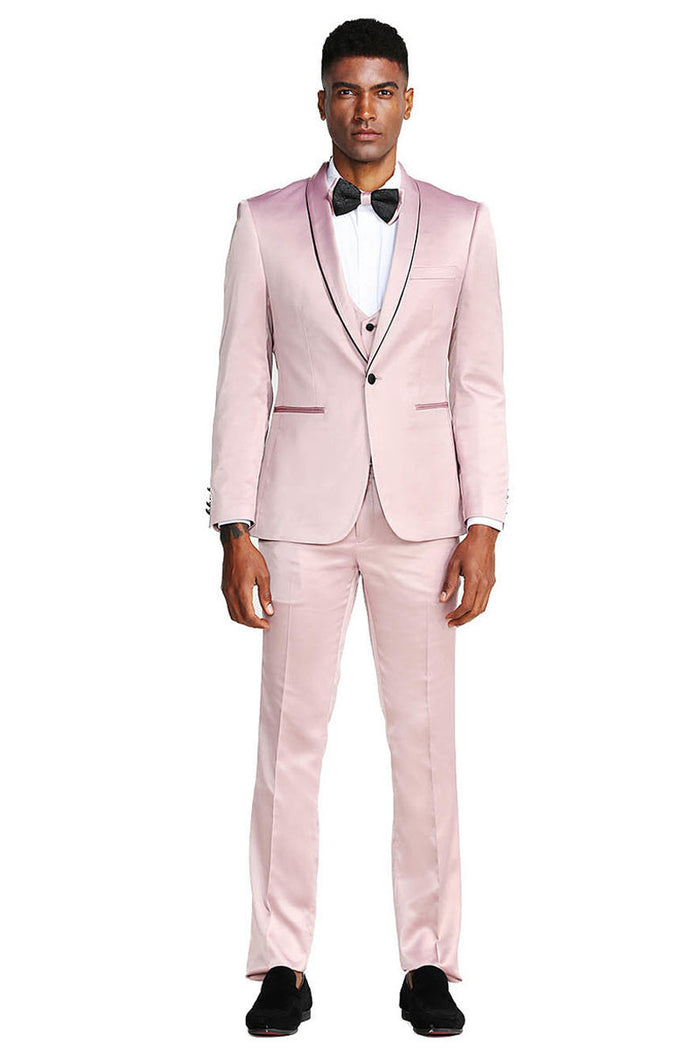 Rose Pink Men's Slim Fit Satin Tuxedo Suit - Vested Prom & Wedding Wear by Tazzio