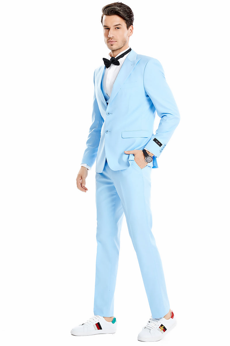 Men's Sky Blue Two Button Vested Suit for Weddings & Prom